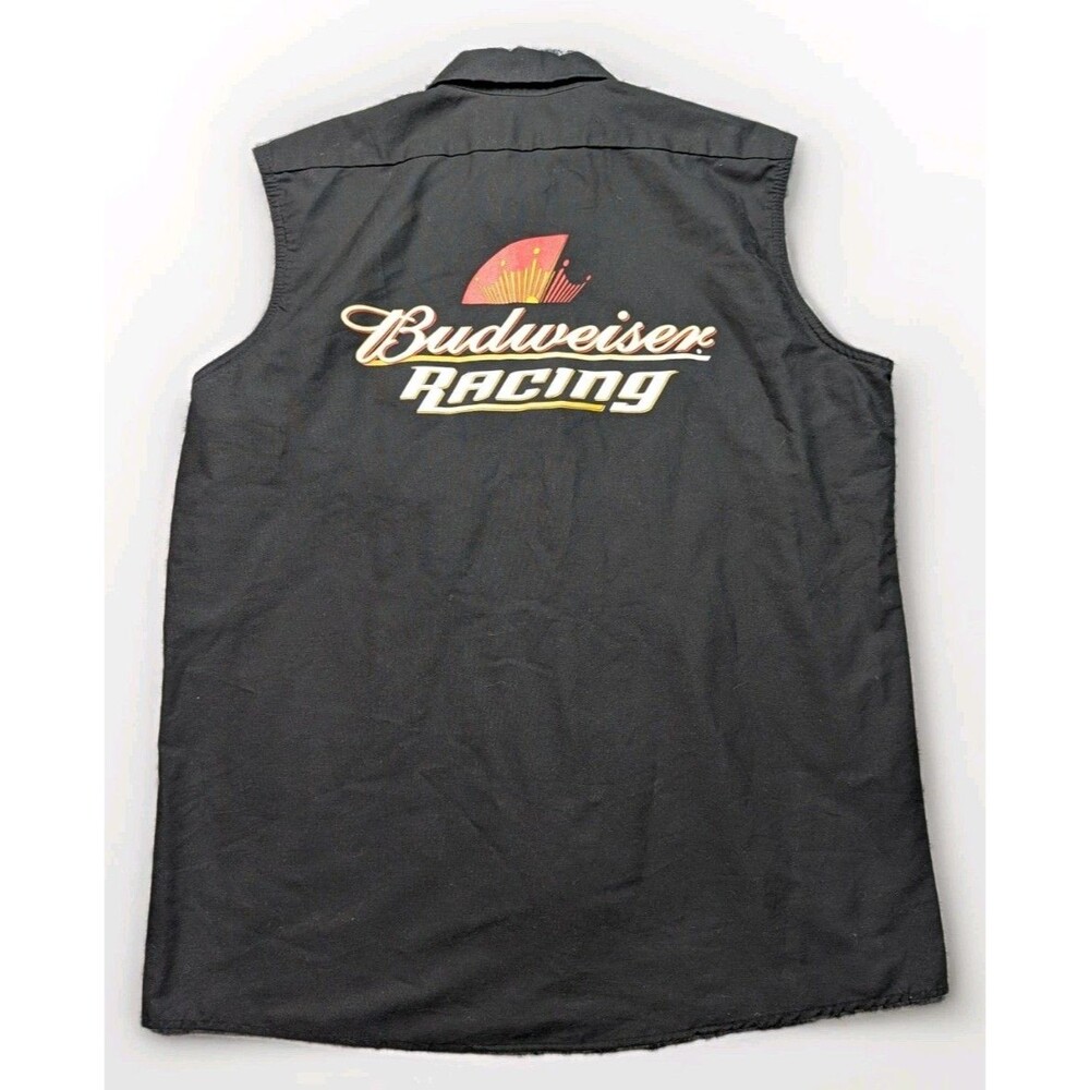 Men's Budweiser Racing Mechanic Garage Black Button Up Shirt L Sleeveless Logo